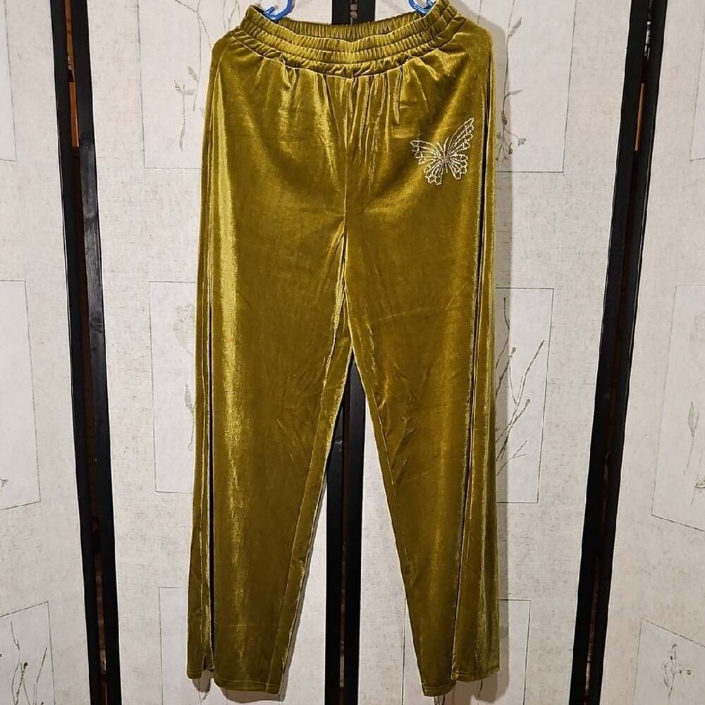 SHEIN Gold Velvet Track Pants with Butterfly Detail